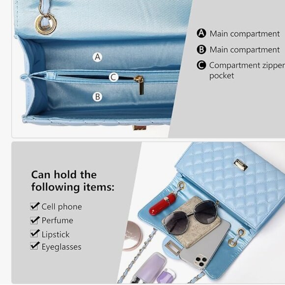 Quilted Light Blue Mini Crossbody Bag – Gold Chain Flap, Designer-Inspired - Picture 5 of 7